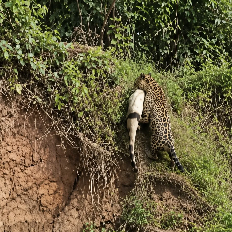 Onça sobe barranco com jacaré preso na boca
