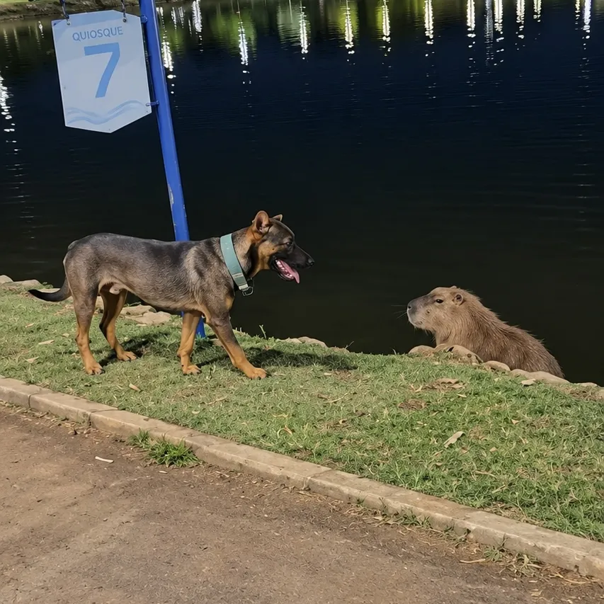 Cachorro se aproxima de capivara e leva susto em Cuiabá