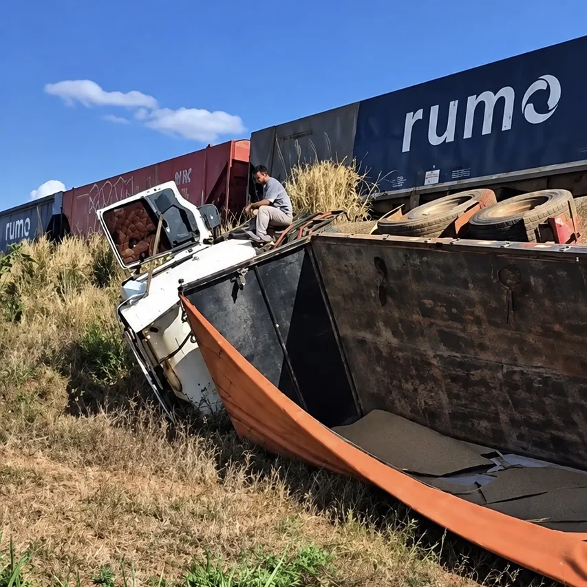 Trem atinge caminhão e veículo fica destruído em Itiquira