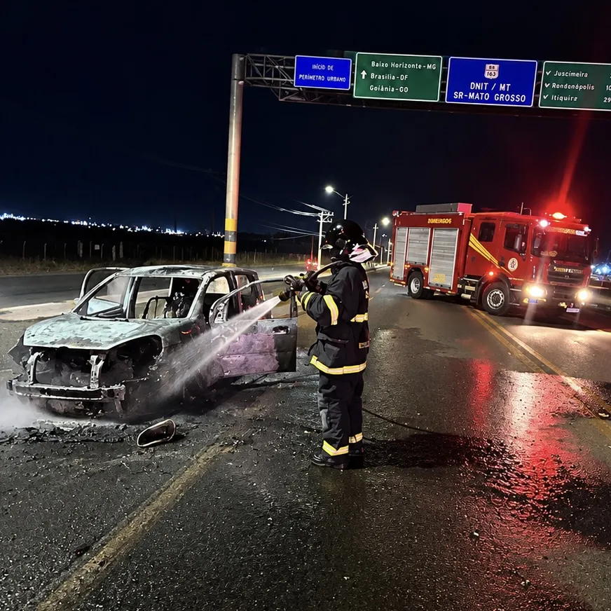 Mulher escapa após carro pegar fogo na BR-070 em Primavera do Leste