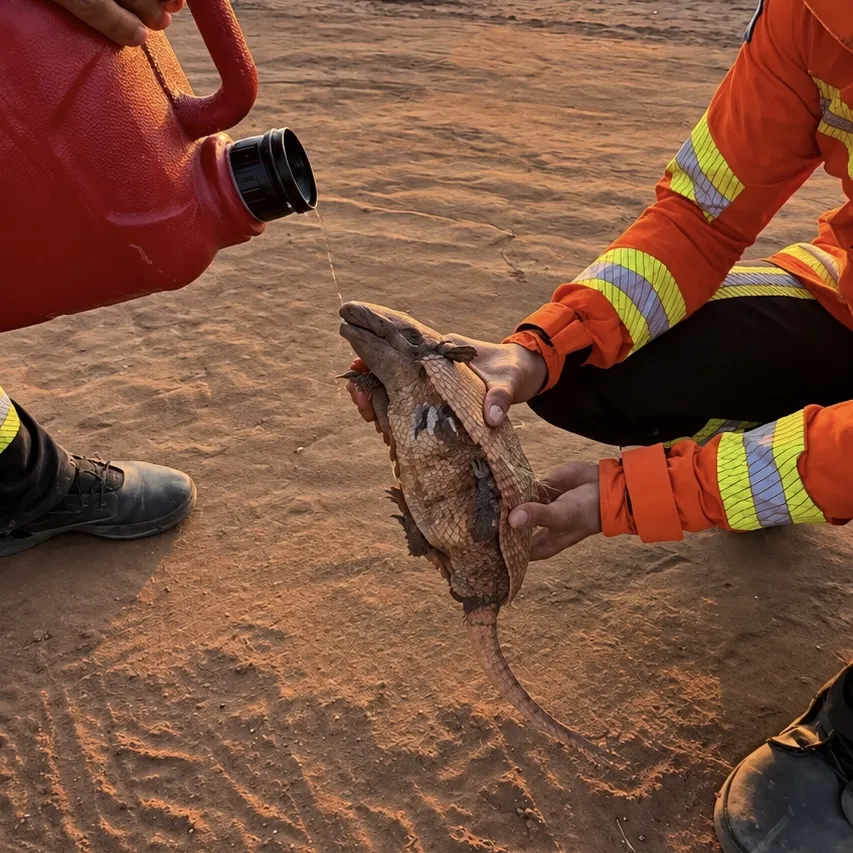 Bombeiro dá água a tatu durante incêndio em Querência e cena viraliza