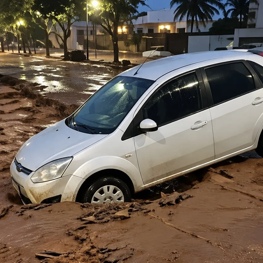 Asfalto cede e carro fica preso em enorme cratera em Jaciara