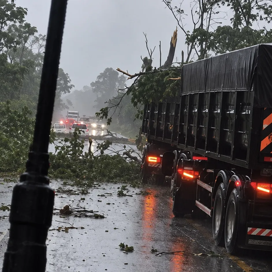Ventania derruba árvores e provoca congestionamento na BR-174 em Comodoro