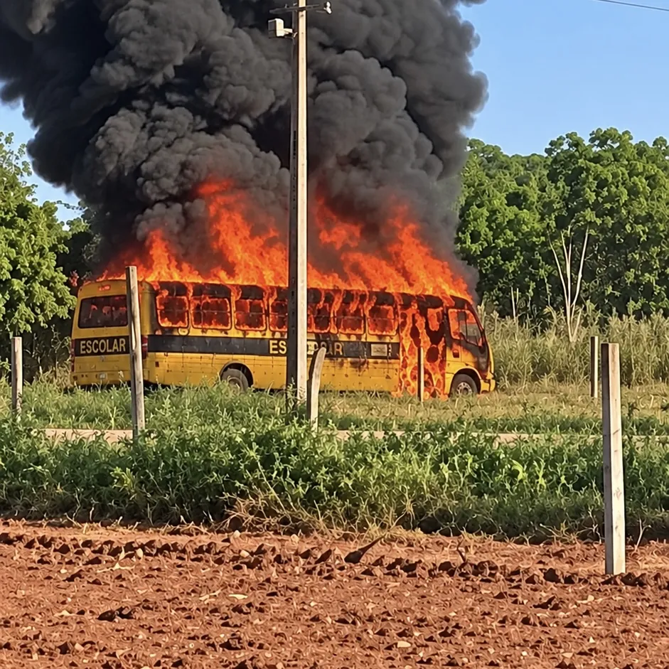 Ônibus escolar é tomado pelo fogo durante transporte de crianças em Chapada dos Guimarães