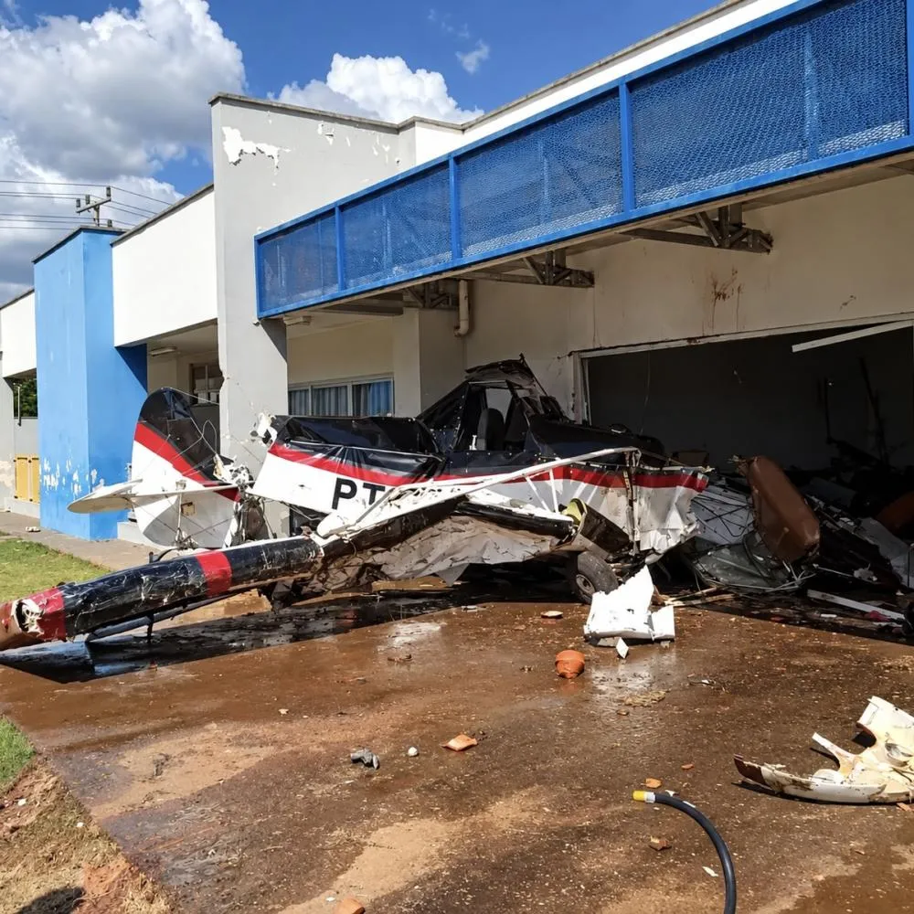Avião agrícola atinge posto de saúde e cai dentro de sala de creche em Campo Verde