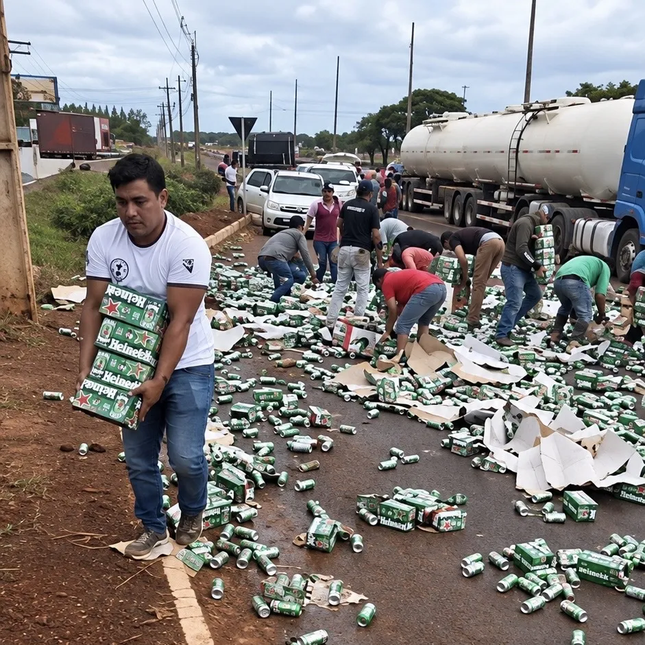 Caminhão de cerveja tomba e moradores recolhem latas espalhadas em Tangará da Serra