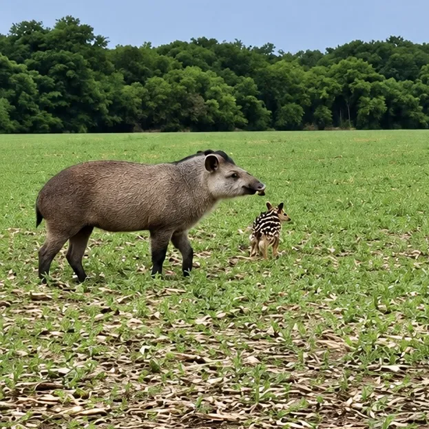 Veterinário flagra anta caminhando com filhote em fazenda de Nova Mutum